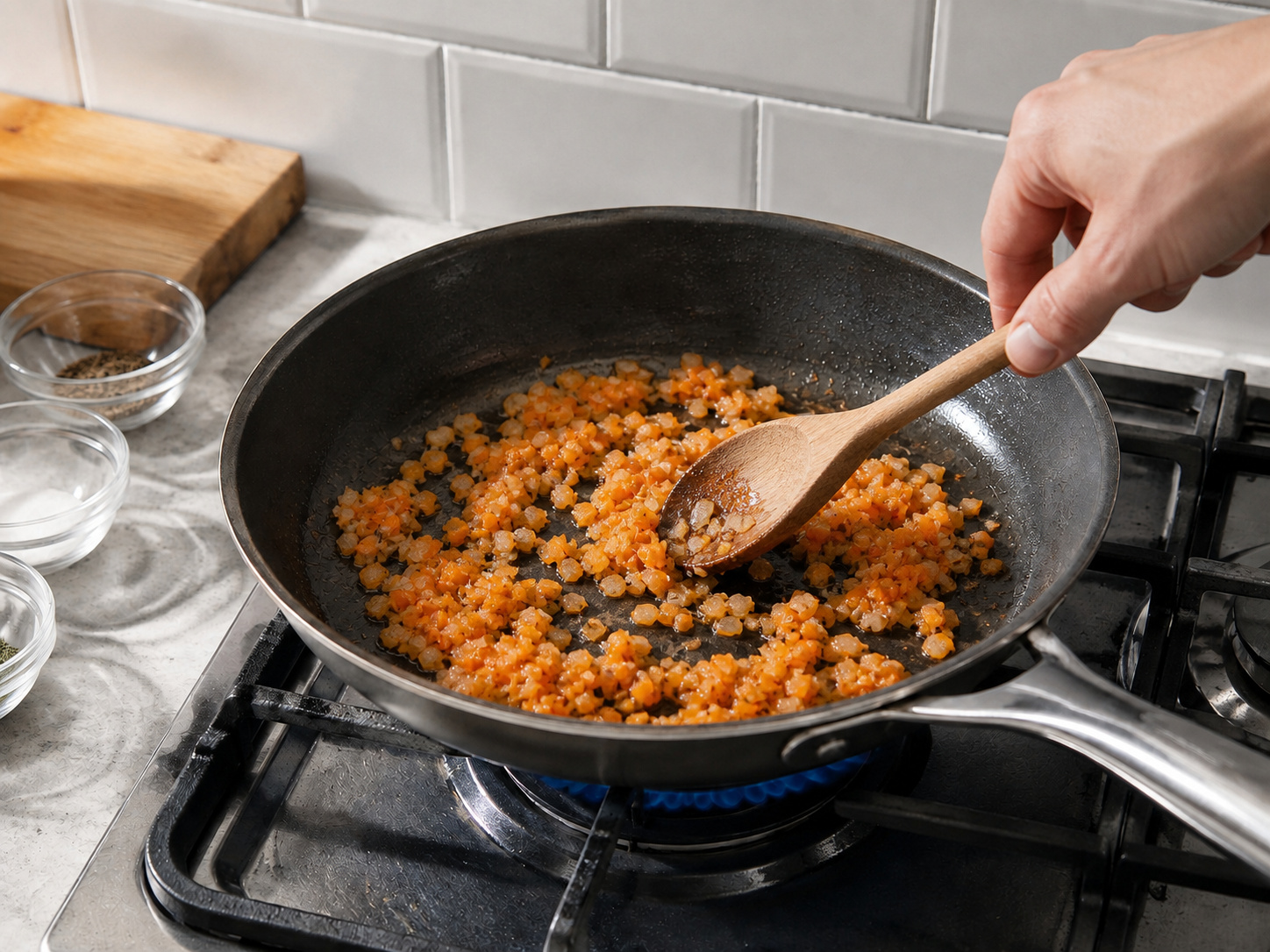 Salad Lentil Hangat Bacon Herba Prancis — Lunakkan wortel dan bawang 5 menit.