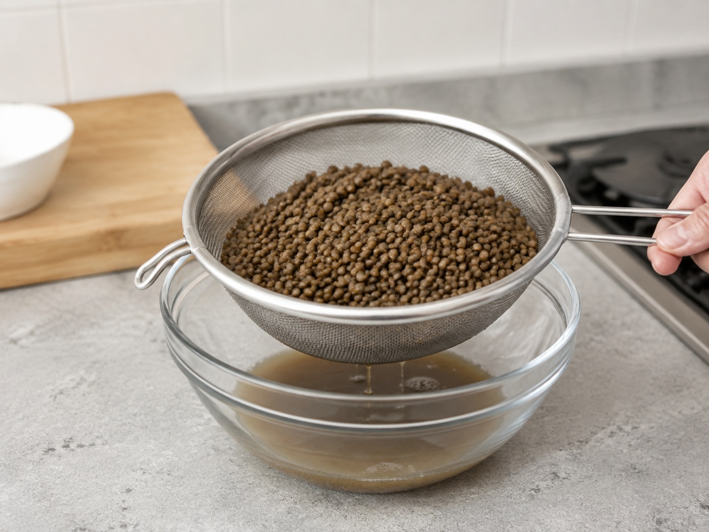 Salad Lentil Hangat Bacon Herba Prancis — Tiriskan lentil matang hingga kering.