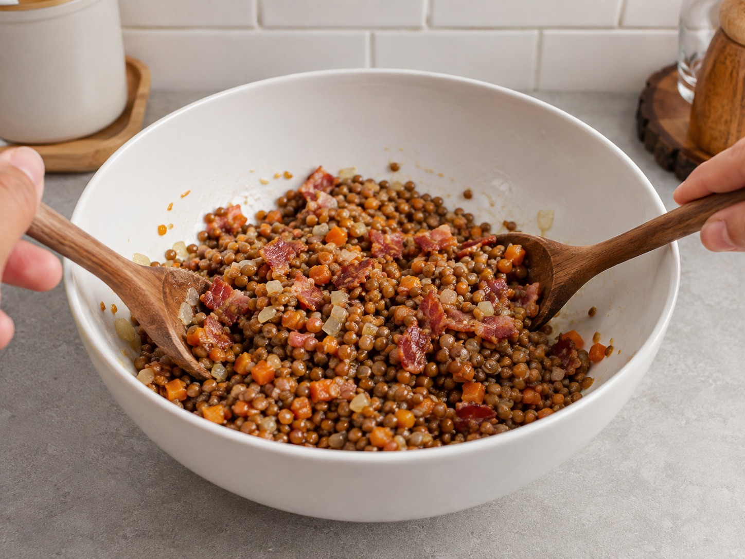 Salad Lentil Hangat Bacon Herba Prancis — Aduk lentil hangat dengan sayuran, bacon, dan vinaigrette.