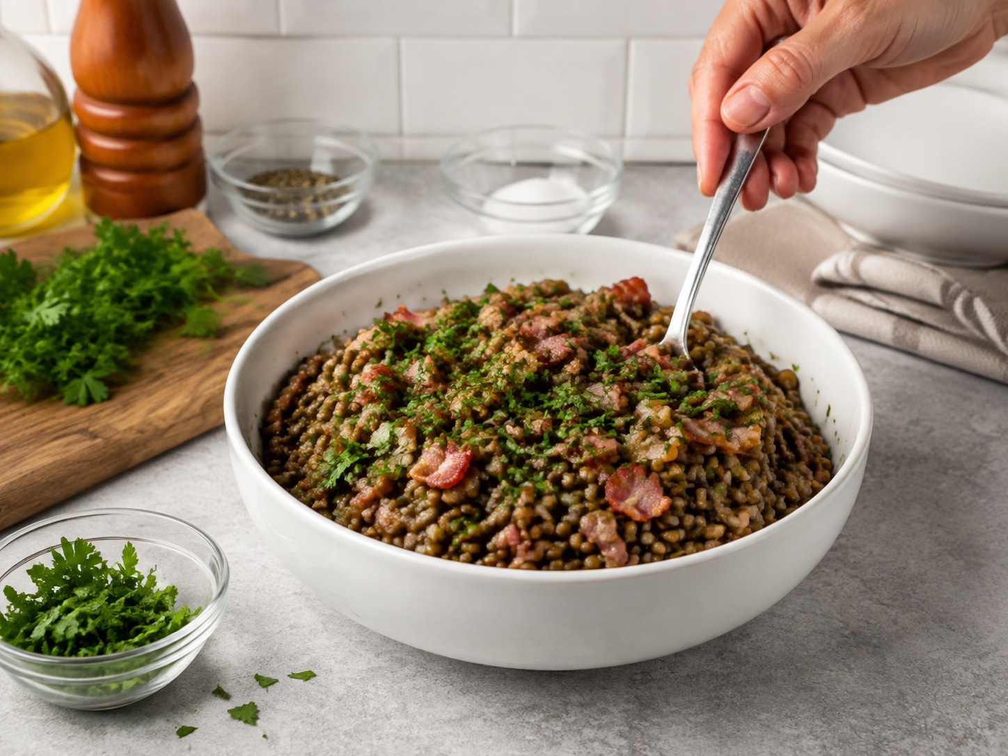Salad Lentil Hangat Bacon Herba Prancis — Masukkan peterseli, koreksi rasa, lalu sajikan hangat.