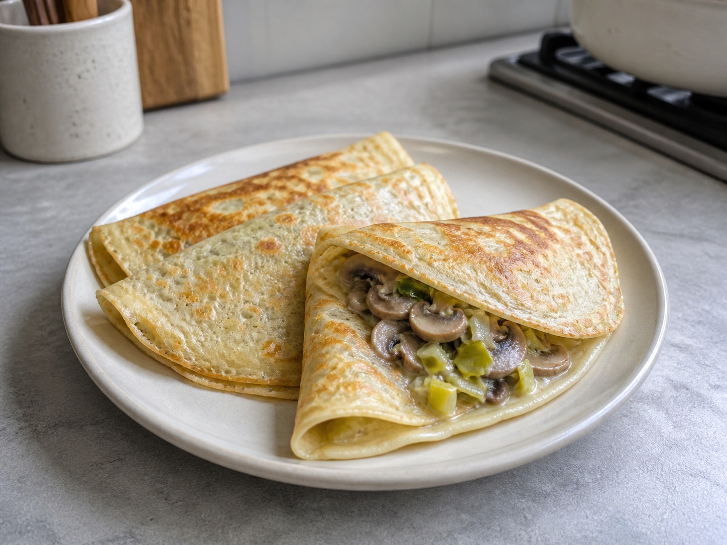 French Mushroom and Leek Crêpes: Thin savoury crêpes fold around a creamy mushroom and leek filling for a practical home meal.