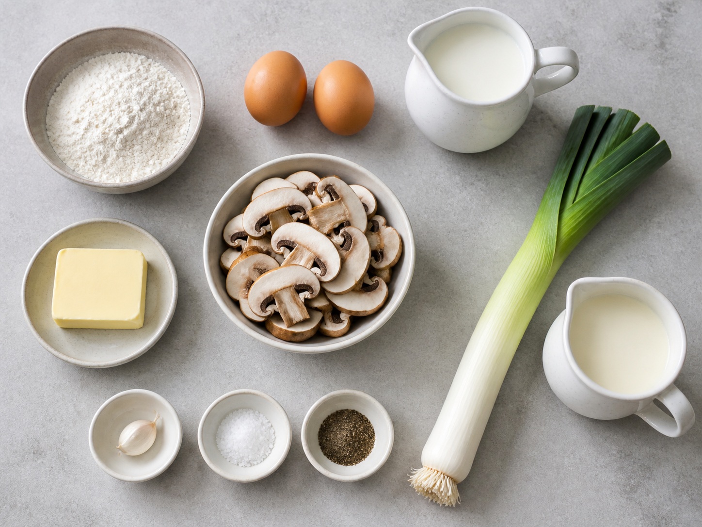 French Mushroom and Leek Crêpes: 120 g all-purpose flour, 2 piece egg, 300 ml milk, 40 g butter, 300 g mushroom, 1 piece leek, 120 ml cooking cream, 1 piece garlic, 1 tsp salt, 1 tsp Black pepper