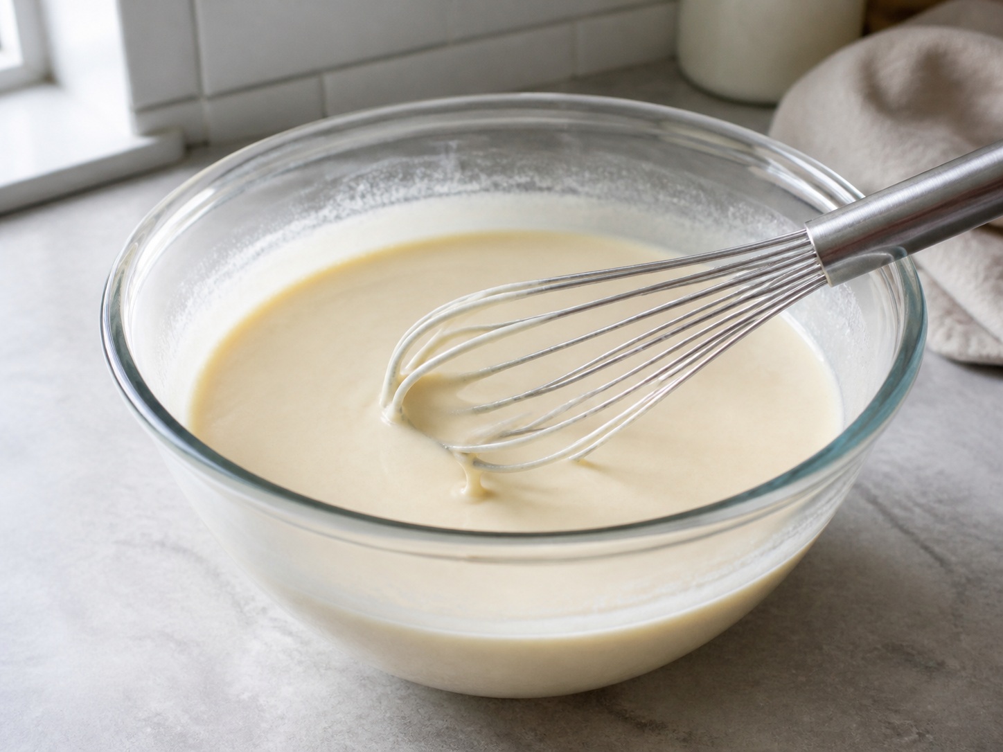 French Mushroom and Leek Crêpes — Whisk the crêpe batter: Whisk eggs and milk gradually into the flour until smooth and lump-free.