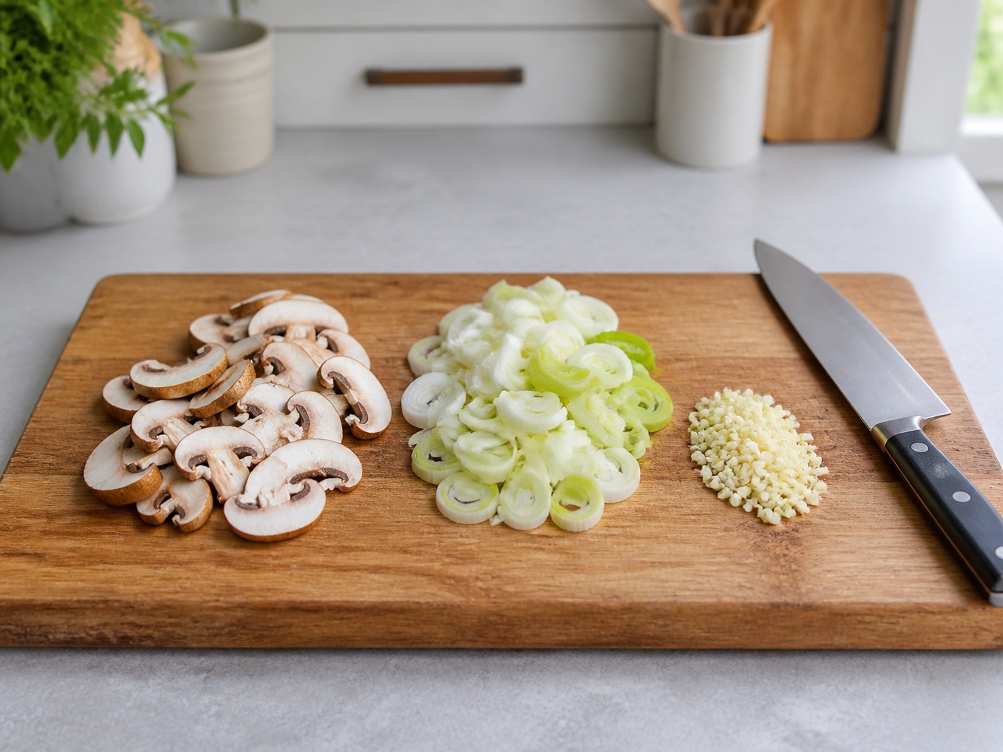 French Mushroom and Leek Crêpes — Slice mushroom and leek: Slice the mushrooms, wash and thinly slice the leek, and mince the garlic.