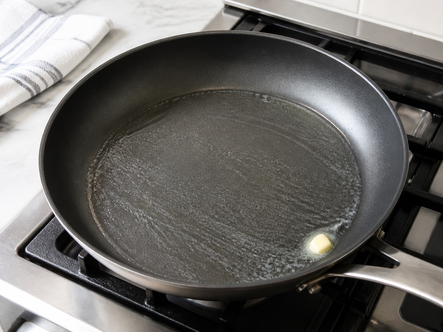 French Mushroom and Leek Crêpes — Melt butter for the crêpe: Brush a clean frying pan lightly with butter over medium heat.