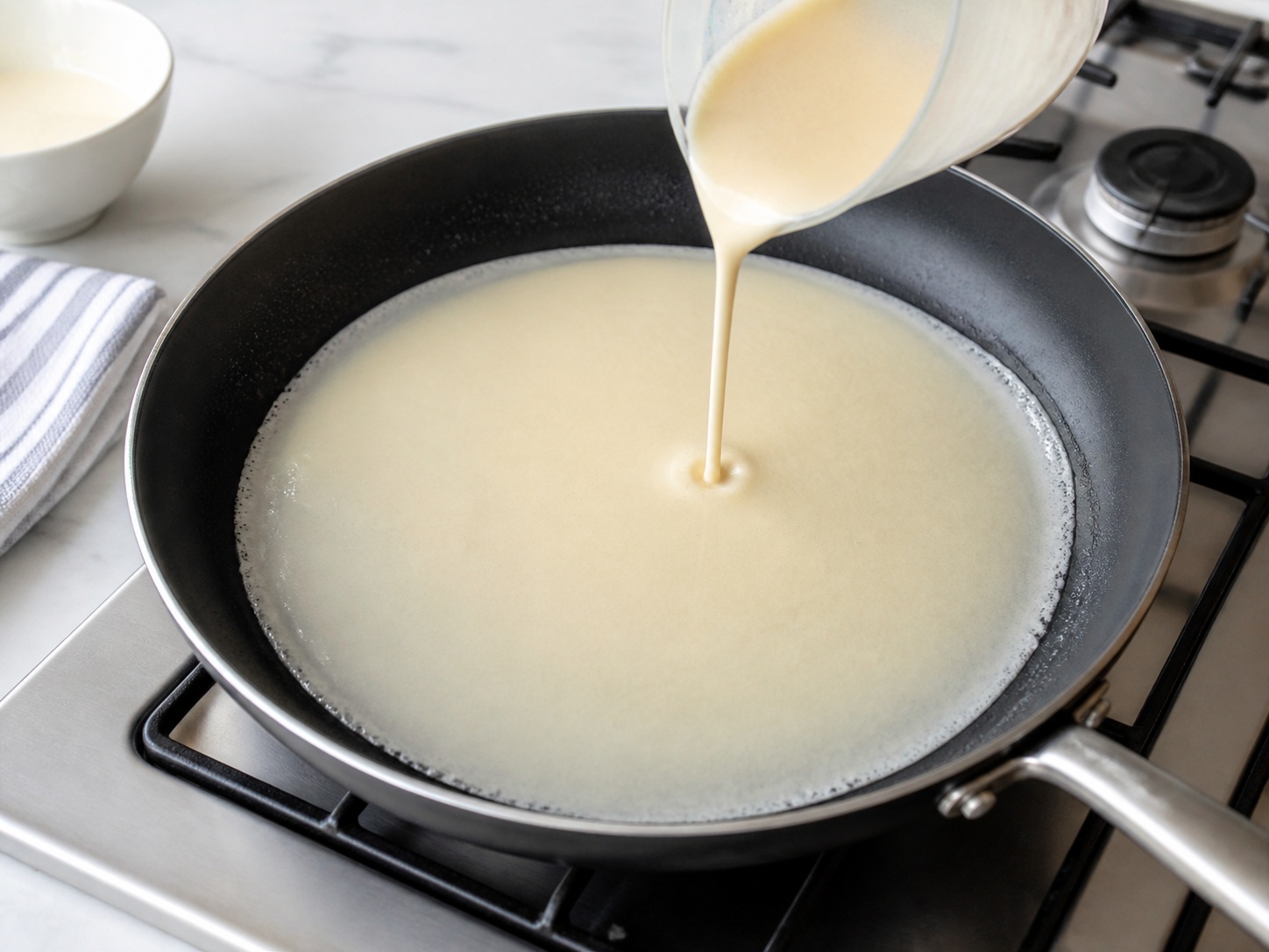 French Mushroom and Leek Crêpes — Pour and swirl the batter: Pour a thin layer of batter and immediately swirl the pan into an even circle.