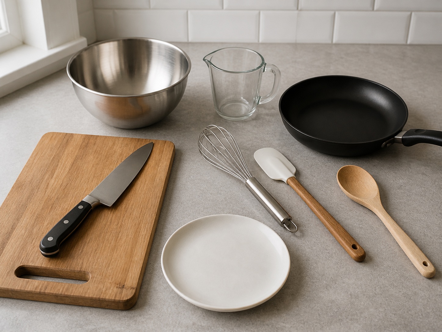 French Mushroom and Leek Crêpes: knife, cutting board, mixing bowl, whisk, measuring cup, frying pan, spatula, wooden spoon, serving plate