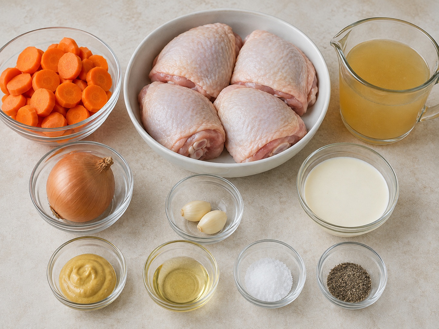 French Mustard-Carrot Chicken Fricassee: 700 g chicken, 300 g carrot, 1 piece onion, 2 piece garlic, 250 ml chicken stock, 120 ml cooking cream, 2 tbsp Dijon mustard, 1 tbsp cooking oil, 1 tsp salt, 1 tsp Black pepper