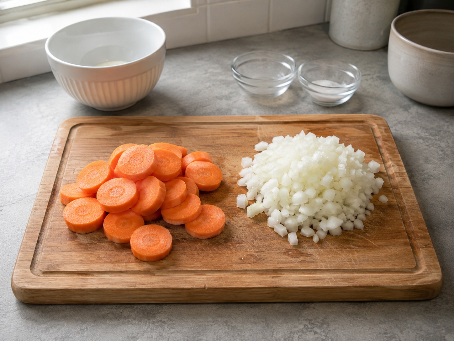 French Mustard-Carrot Chicken Fricassee — Slice carrots thickly and finely dice the onion.