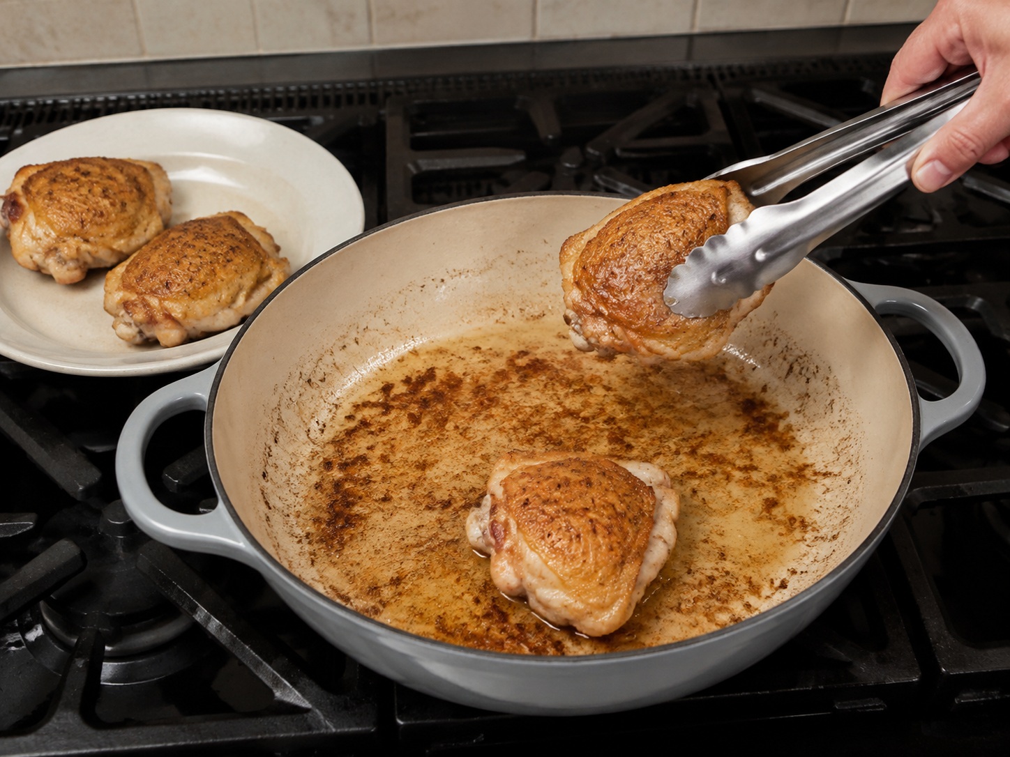 French Mustard-Carrot Chicken Fricassee — Turn, brown for 4 minutes, then remove the chicken.