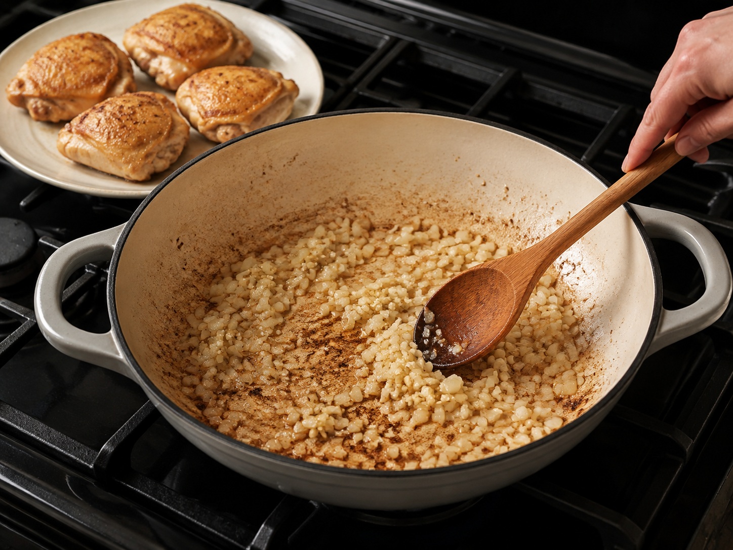 French Mustard-Carrot Chicken Fricassee — Soften onion for 3 minutes, then add garlic.