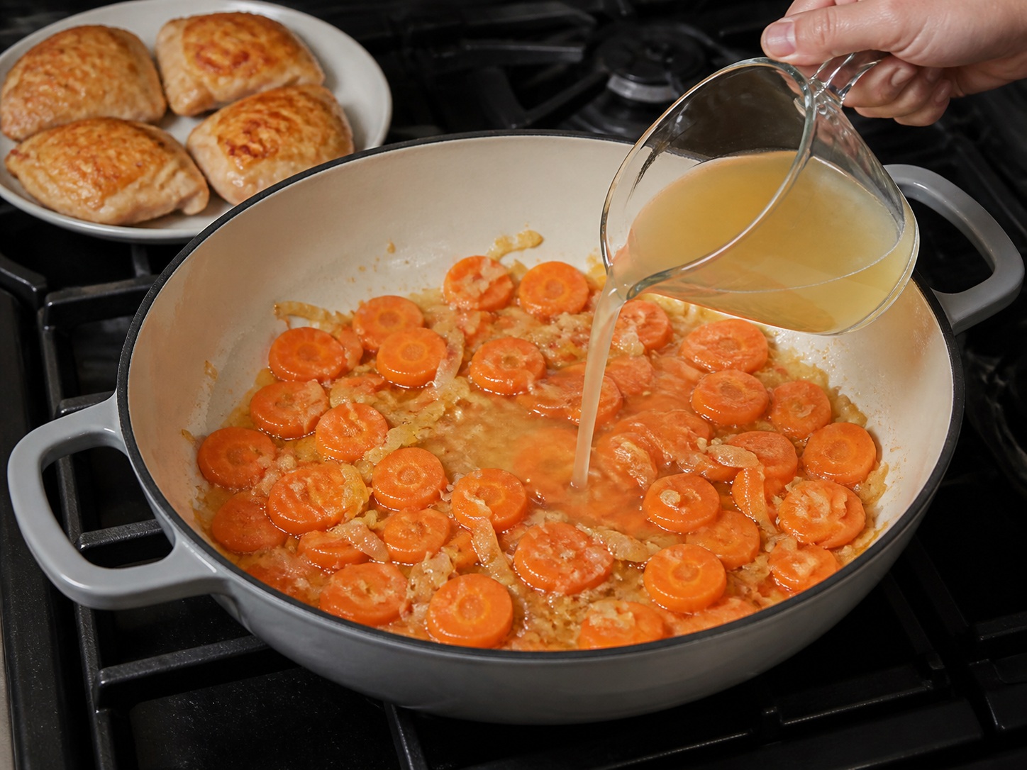 French Mustard-Carrot Chicken Fricassee — Add carrots and stock, scraping up the browned fond.