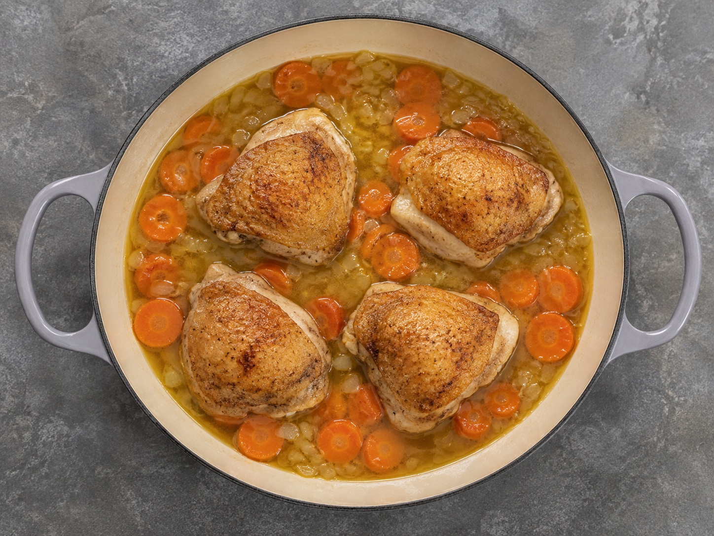 French Mustard-Carrot Chicken Fricassee — Return the chicken and juices and cover the pan.