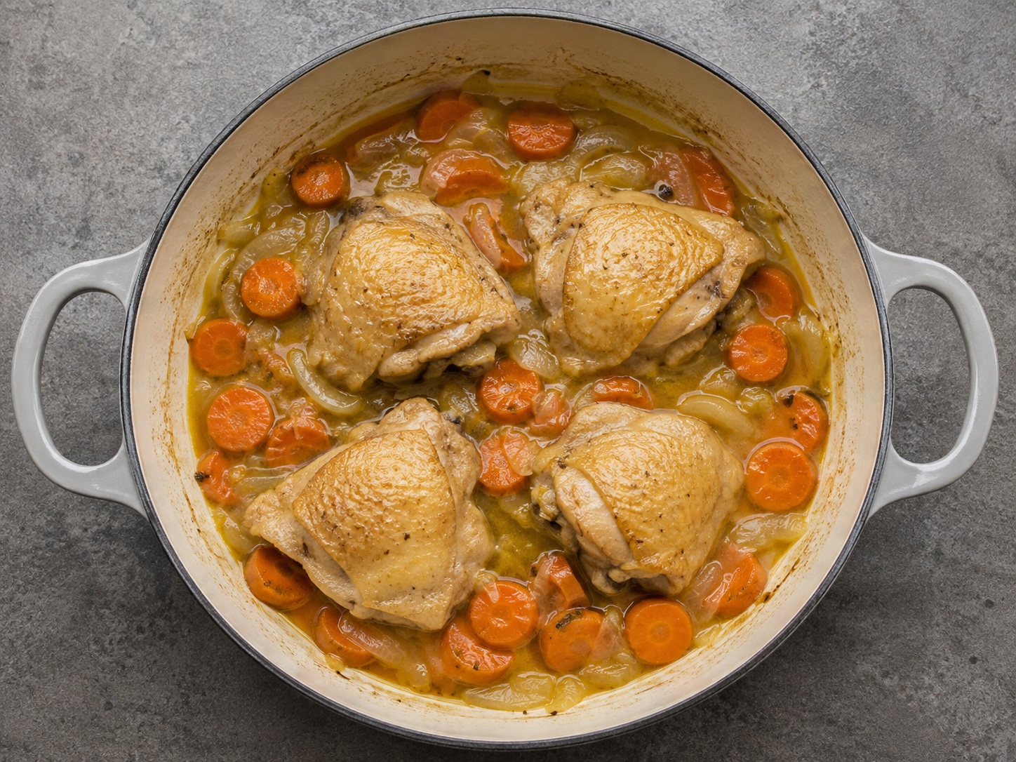 French Mustard-Carrot Chicken Fricassee — Braise gently for 20 minutes until chicken reaches 75°C.