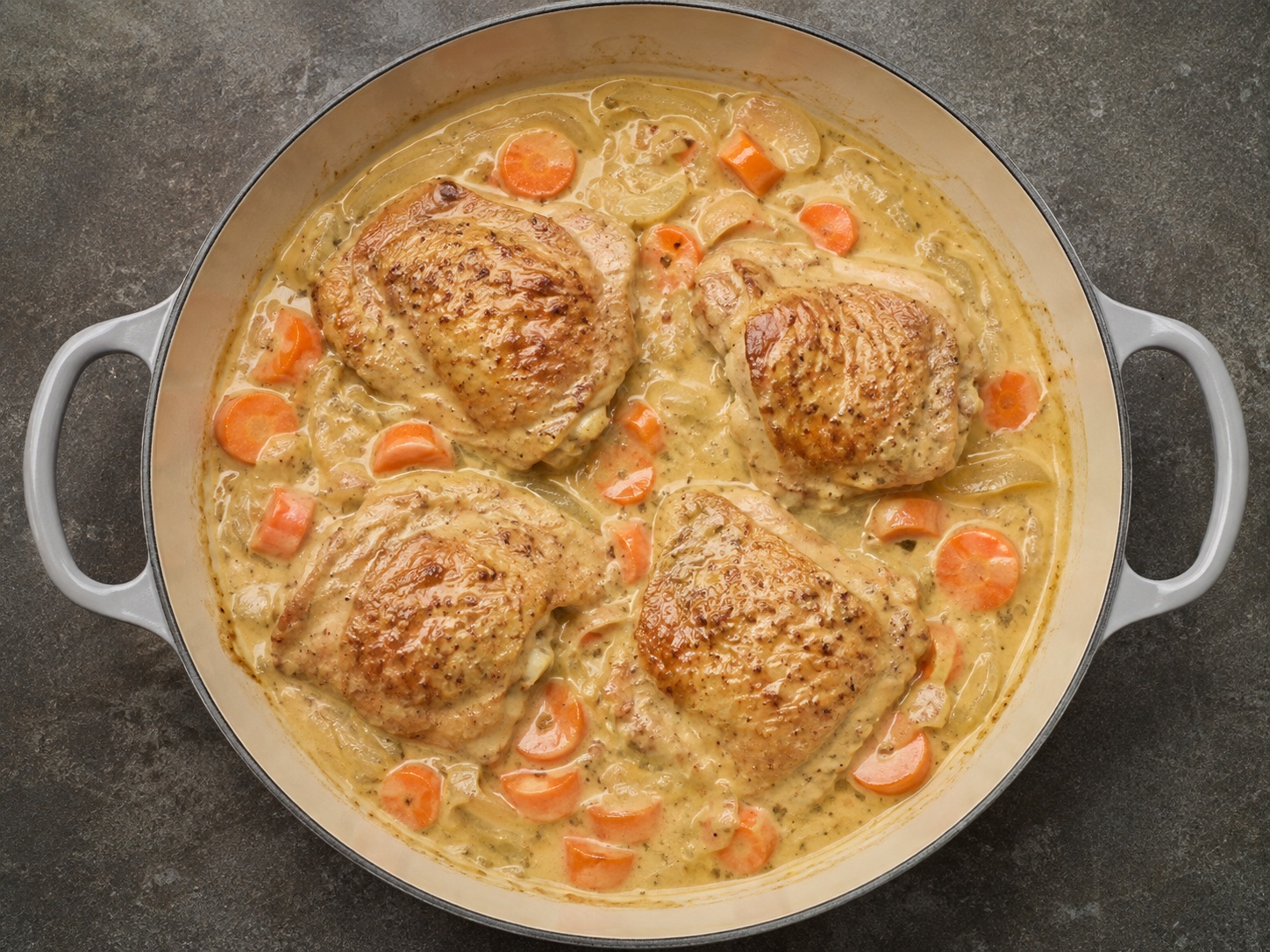 French Mustard-Carrot Chicken Fricassee — Stir in mustard cream and cook gently 3 minutes without boiling.