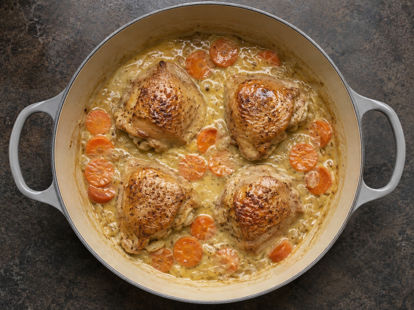 French Mustard-Carrot Chicken Fricassee — Rest off heat for 3 minutes and serve chicken and carrots with sauce.