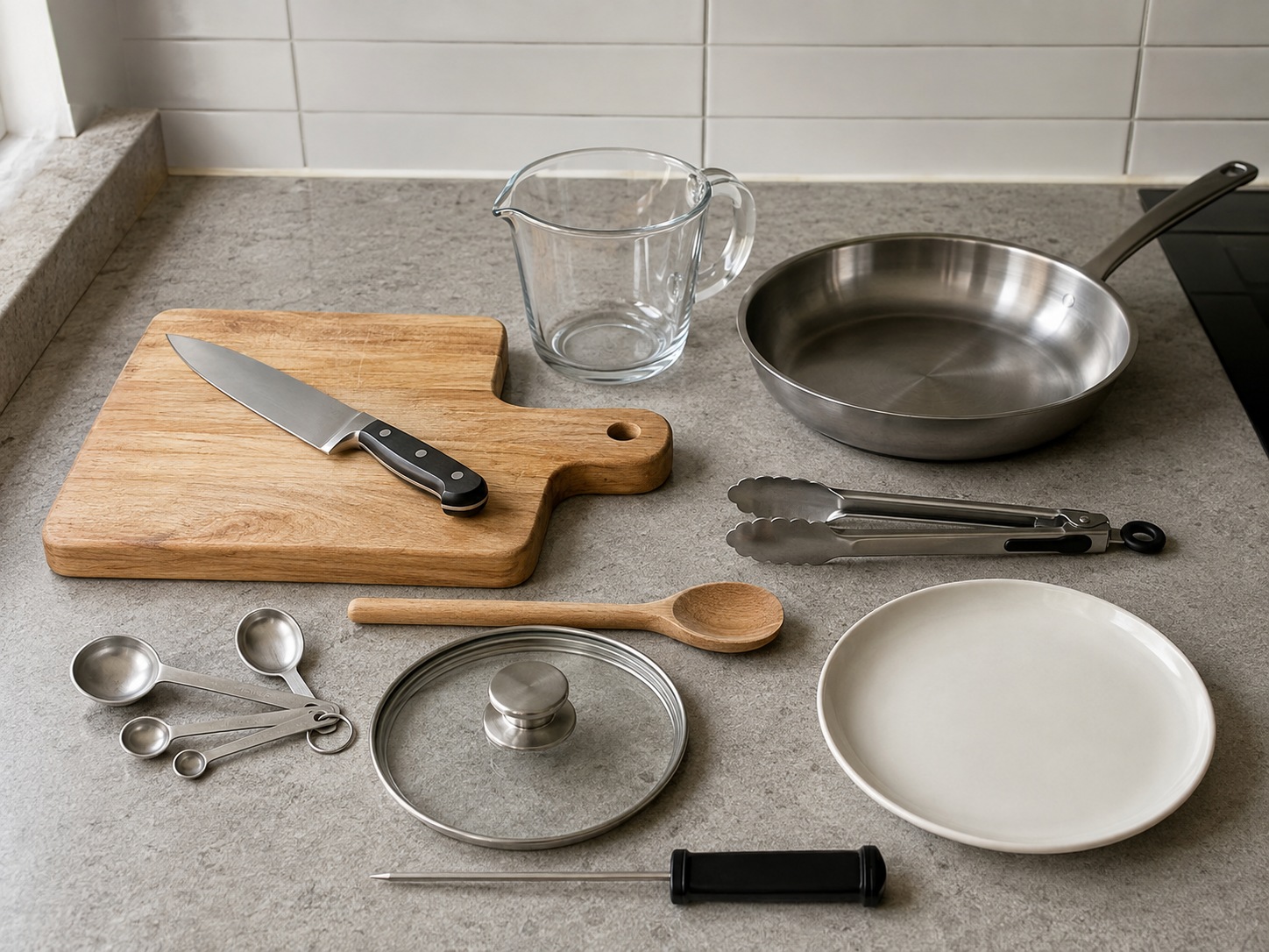 French Mustard-Carrot Chicken Fricassee: knife, cutting board, measuring cup, frying pan, tongs, wooden spoon, lid, food thermometer, serving plate