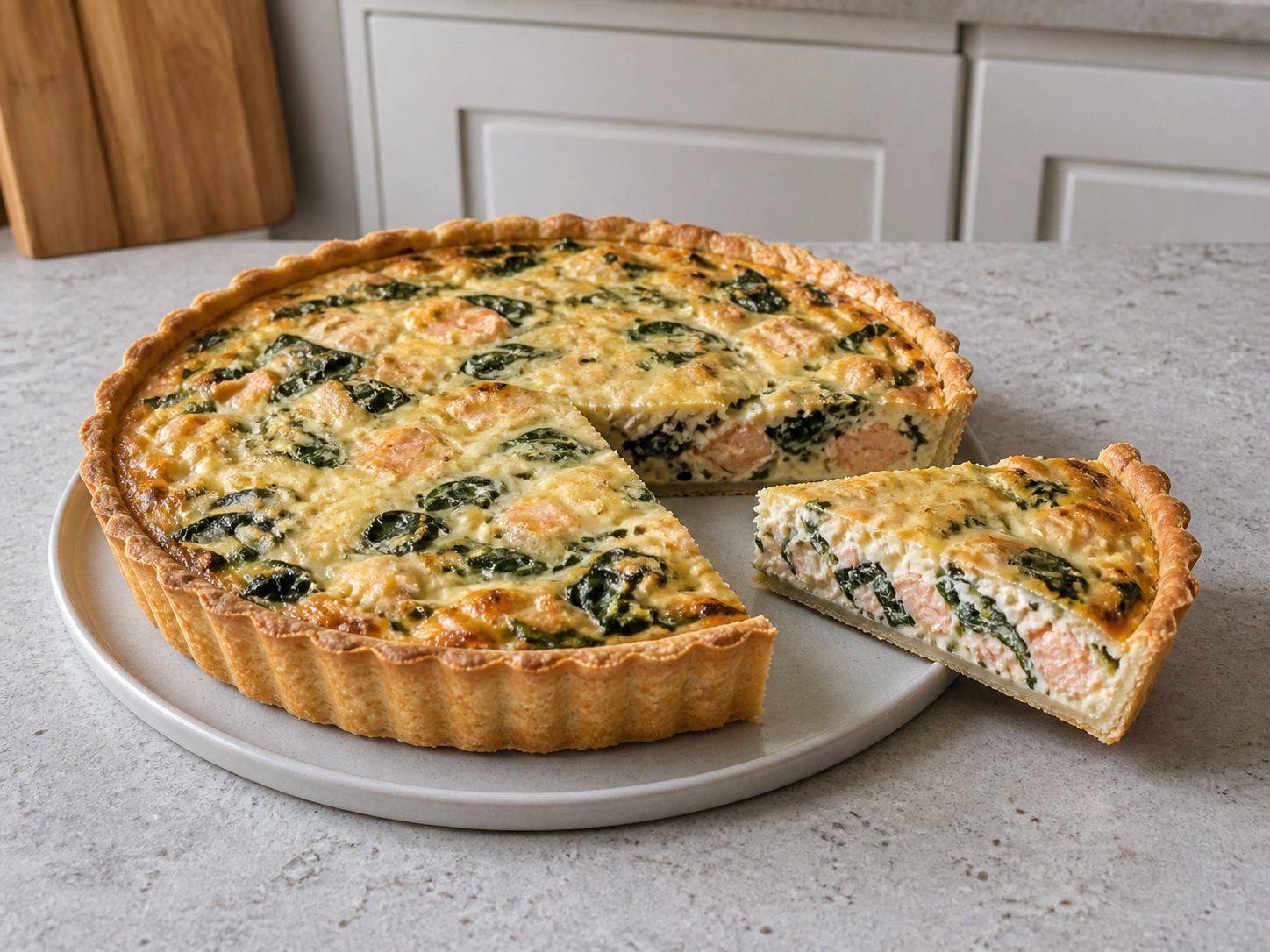 Pranses na Quiche ng Salmon at Espinaka: Ang malutong na shortcrust shell ay may salmon, espinaka at malambot na savoury egg custard.