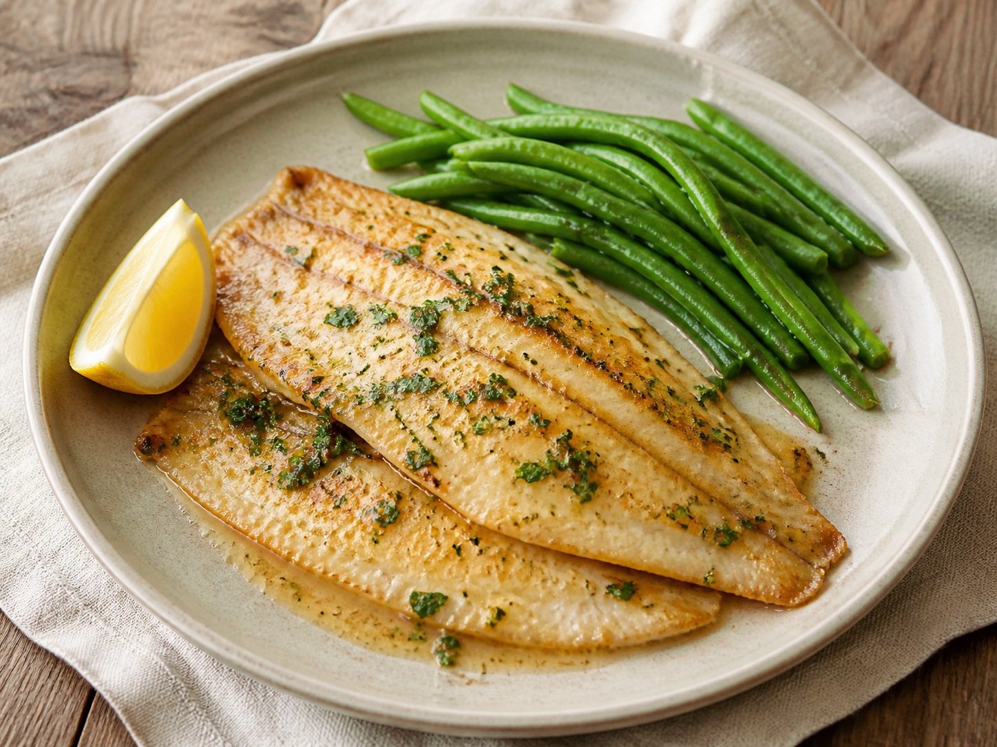 Pranses na Sole Meunière na may Sitaw: Ang malambot na sole fillet ay bahagyang binabalutan ng harina, marahang piniprito, at inihahain kasama ng green beans at lemon-parsley brown butter.