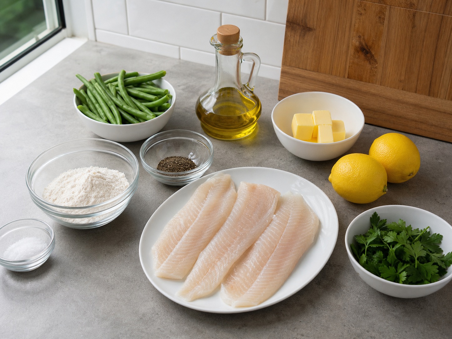 Pranses na Sole Meunière na may Sitaw: 500 g sole fillet, 40 g harinang pangkalahatan, 1 kutsarita asin, 1 kutsarita Dinurog na itim na paminta, 250 g green beans, 1 kutsara mantika, 60 g mantikilya, 1 piraso lemon, 15 g parsley