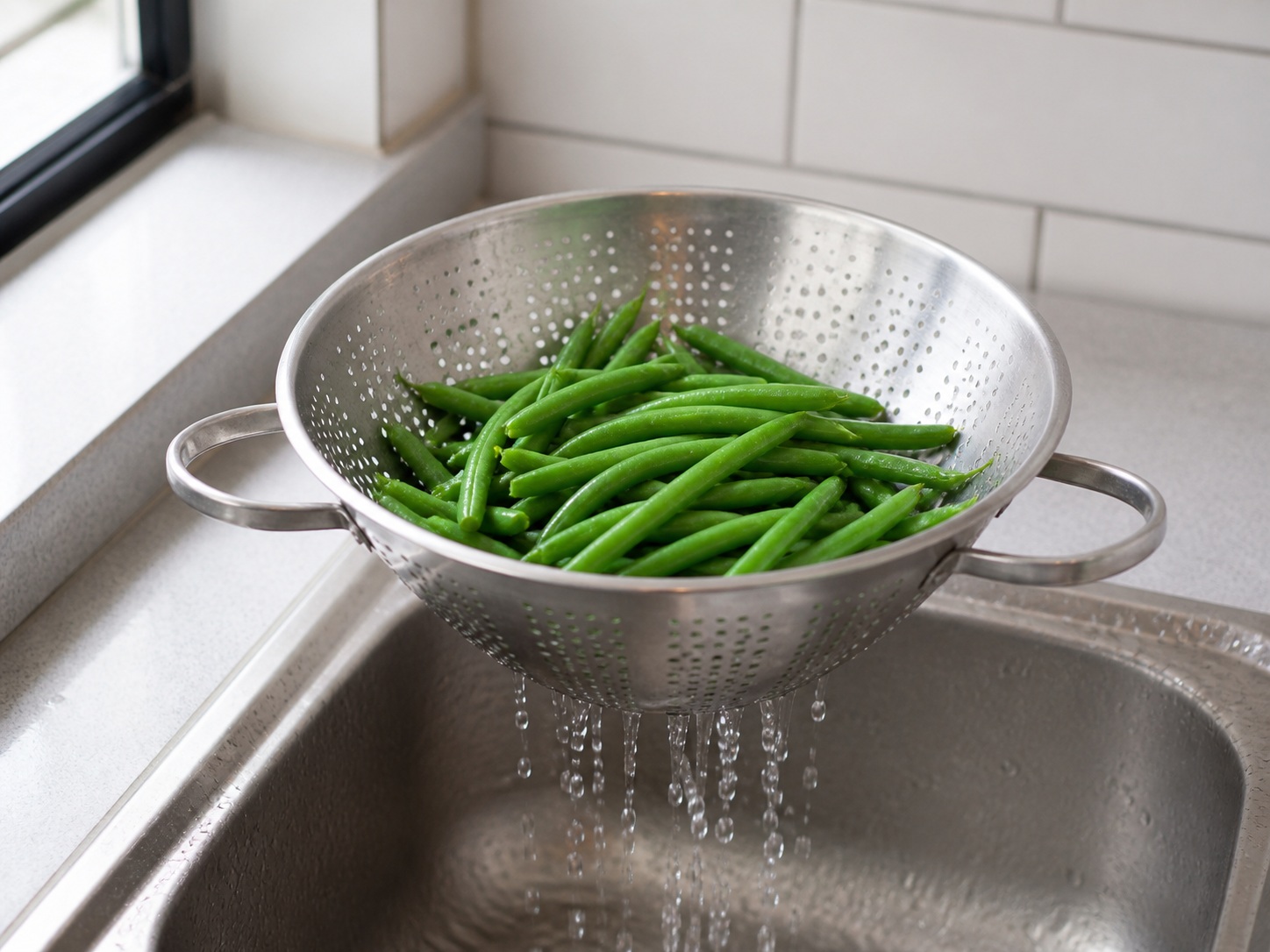 Pranses na Sole Meunière na may Sitaw — Patuluin ang beans: Patuluing mabuti ang beans sa colander at panatilihing mainit.
