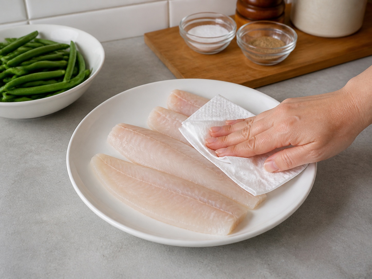 Pranses na Sole Meunière na may Sitaw — Patuyuin ang sole fillet: Tiyaking sariwa ang sole at marahang patuyuin ang fillet.