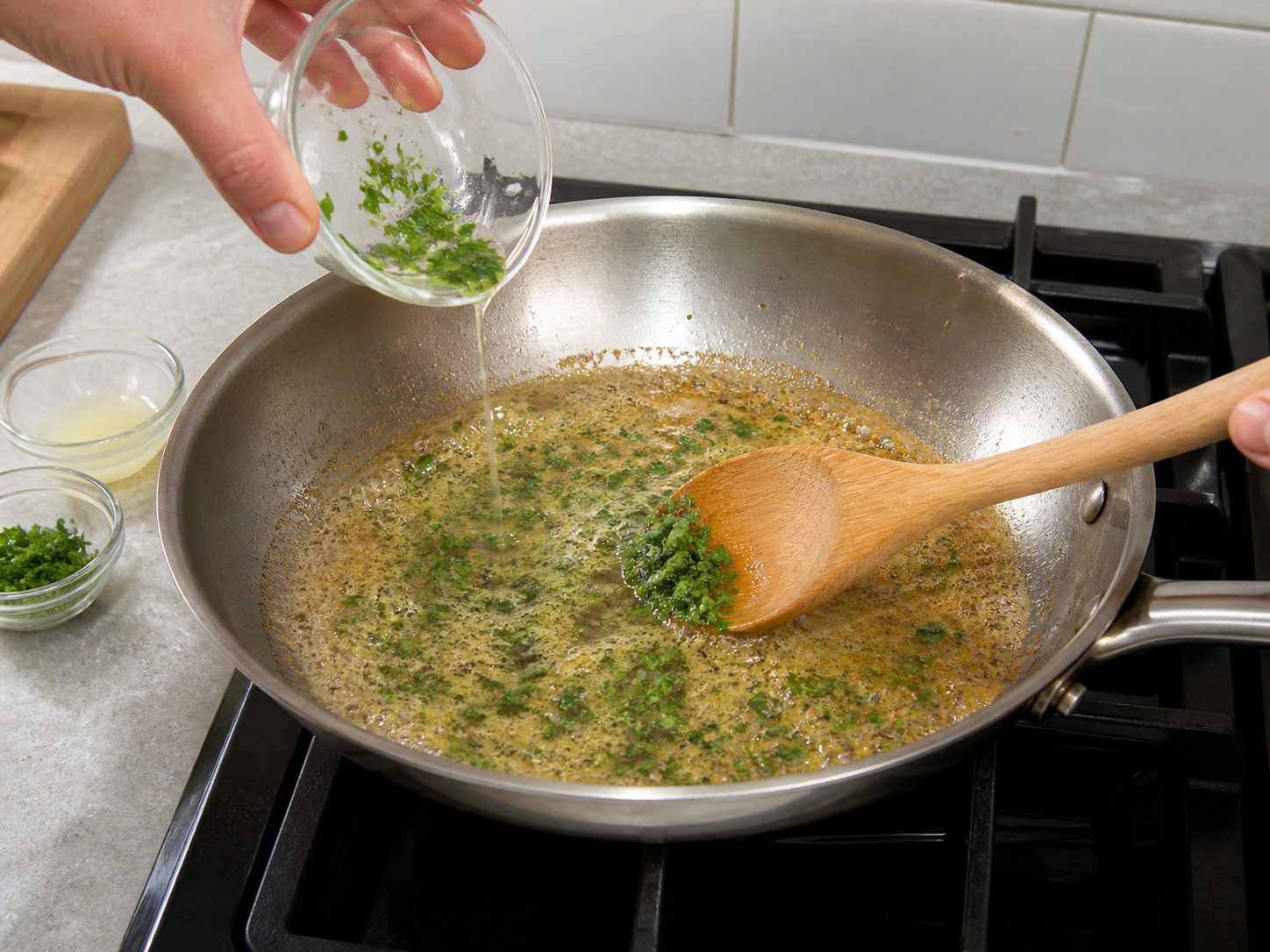 Pranses na Sole Meunière na may Sitaw — Idagdag ang lemon at parsley: Patayin ang apoy at ihalo ang katas ng lemon at parsley sa brown butter.
