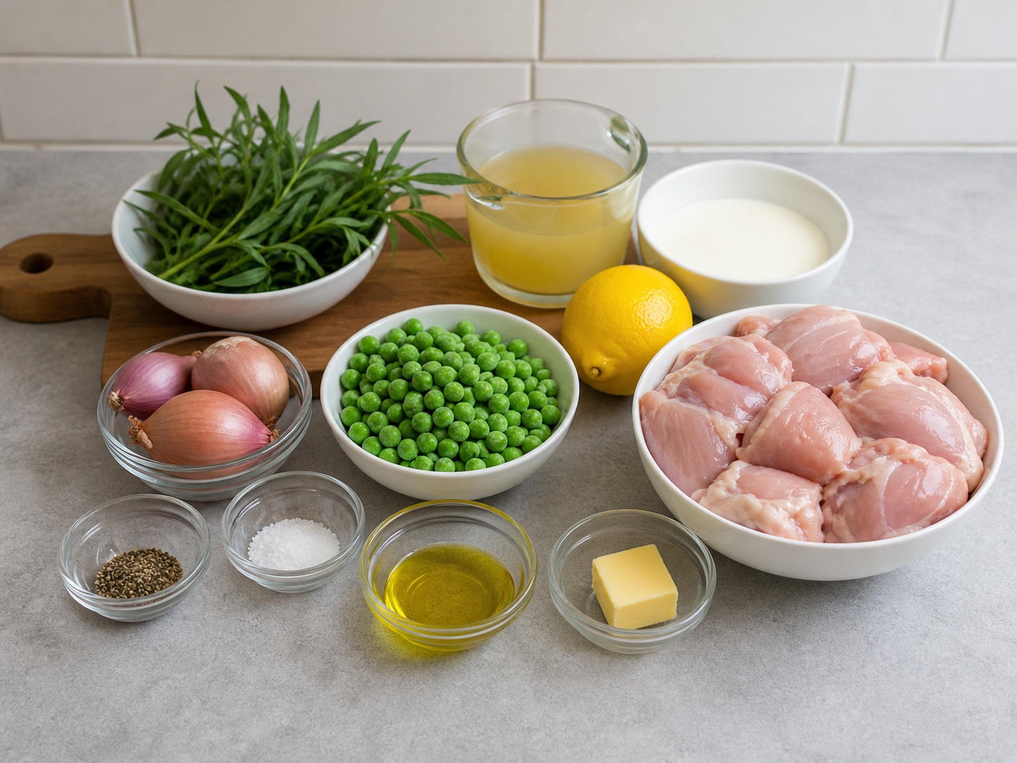 French Tarragon Chicken with Peas: 600 g chicken, 1 tsp salt, 1 tsp Black pepper, 1 tbsp cooking oil, 20 g butter, 2 piece shallots, 2 piece garlic, 150 ml chicken stock, 120 ml cooking cream, 150 g Thawed green peas, 15 g fresh tarragon, 1 piece lemons