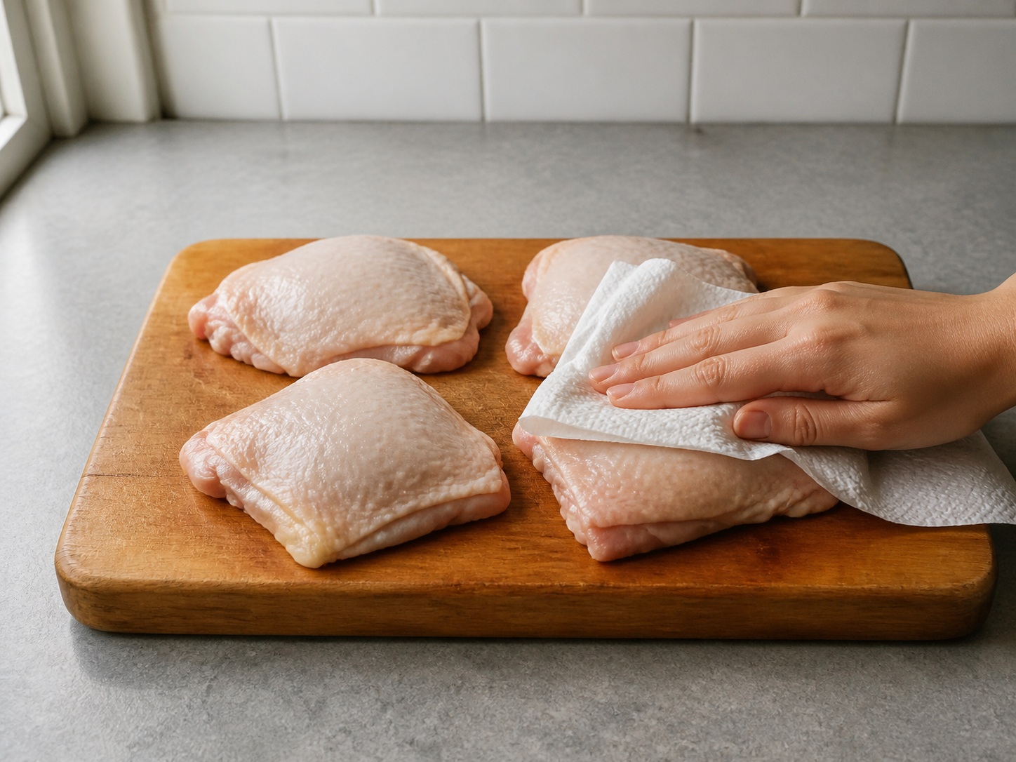 French Tarragon Chicken with Peas — Check and dry the chicken: Check the chicken for freshness and pat every surface thoroughly dry.