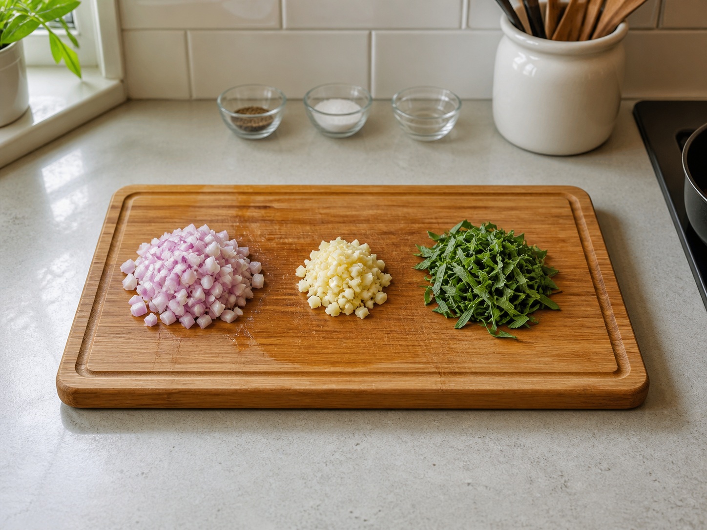 French Tarragon Chicken with Peas — Prepare shallots, garlic and tarragon: Finely chop the shallots and garlic, then chop the tarragon leaves and divide them in half.