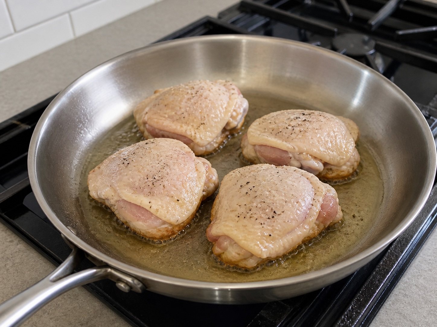 French Tarragon Chicken with Peas — Sear the first side: Lay the chicken flat and sear without moving for about 5 minutes until deeply golden underneath.