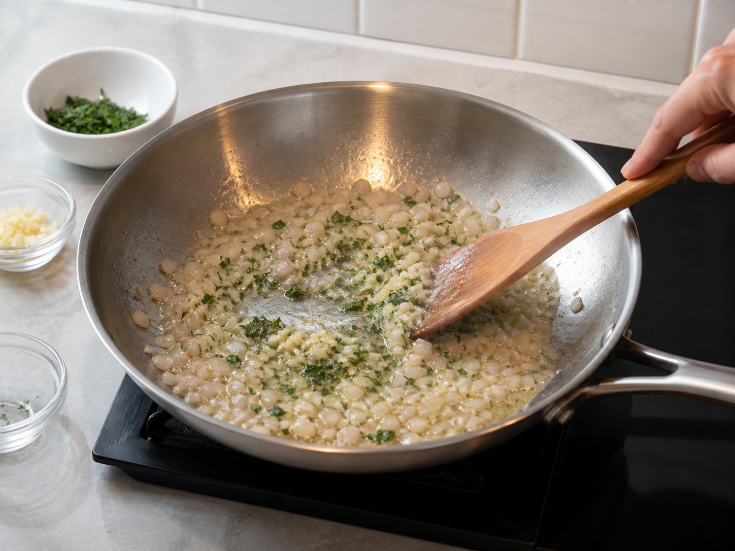 French Tarragon Chicken with Peas — Add garlic and tarragon: Add the garlic and half the tarragon and stir for 30 seconds until fragrant without browning.