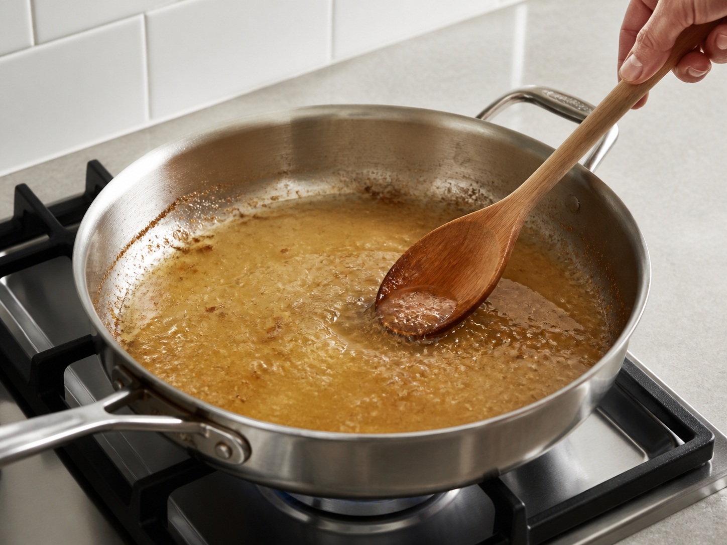 French Tarragon Chicken with Peas — Deglaze with stock: Pour in the chicken stock, scrape up the browned fond with a wooden spoon, and simmer for 1 minute.
