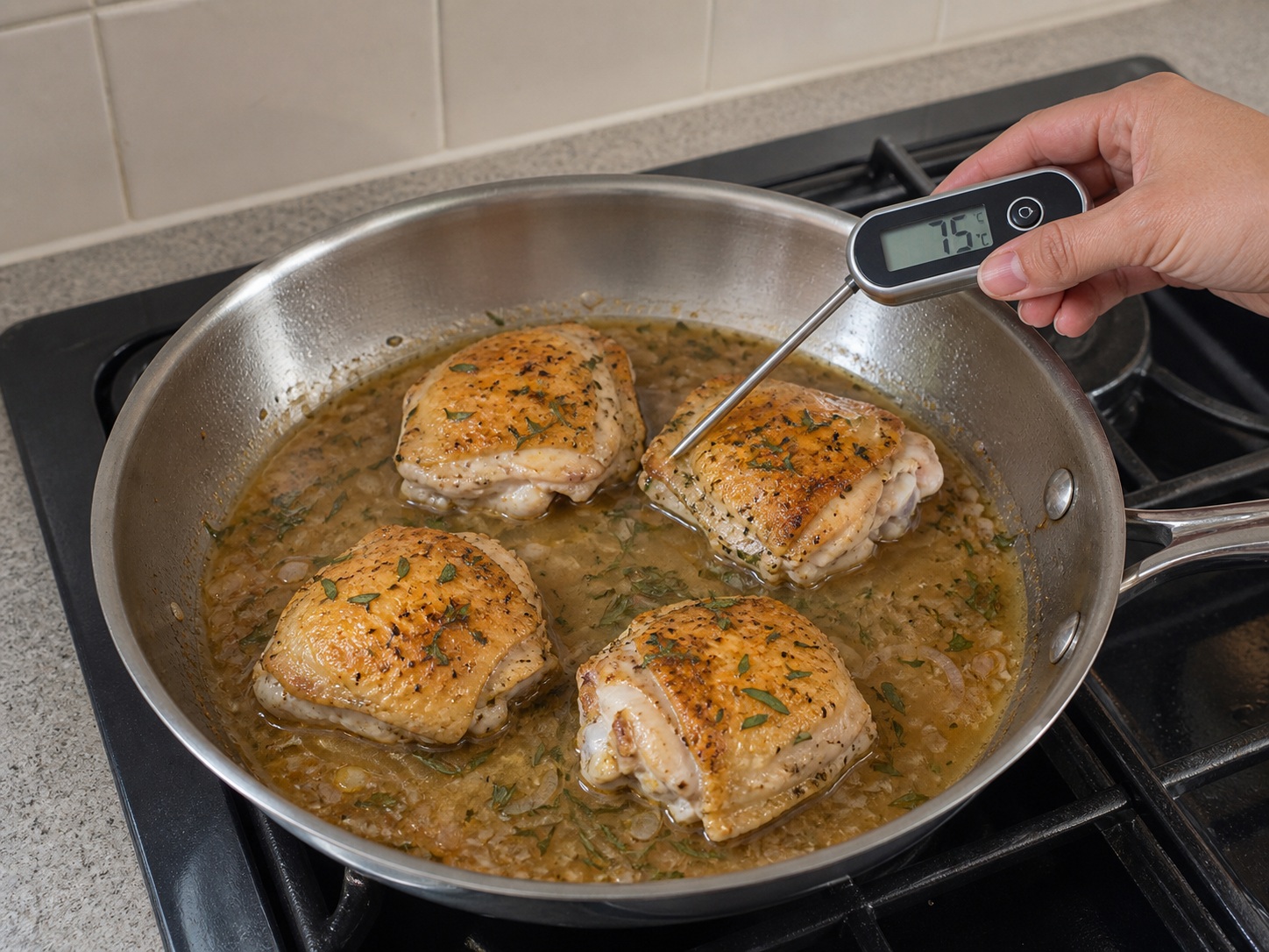 French Tarragon Chicken with Peas — Return and simmer the chicken: Return the chicken and its juices, cover and simmer gently for 6 minutes until the centre reaches 75°C.