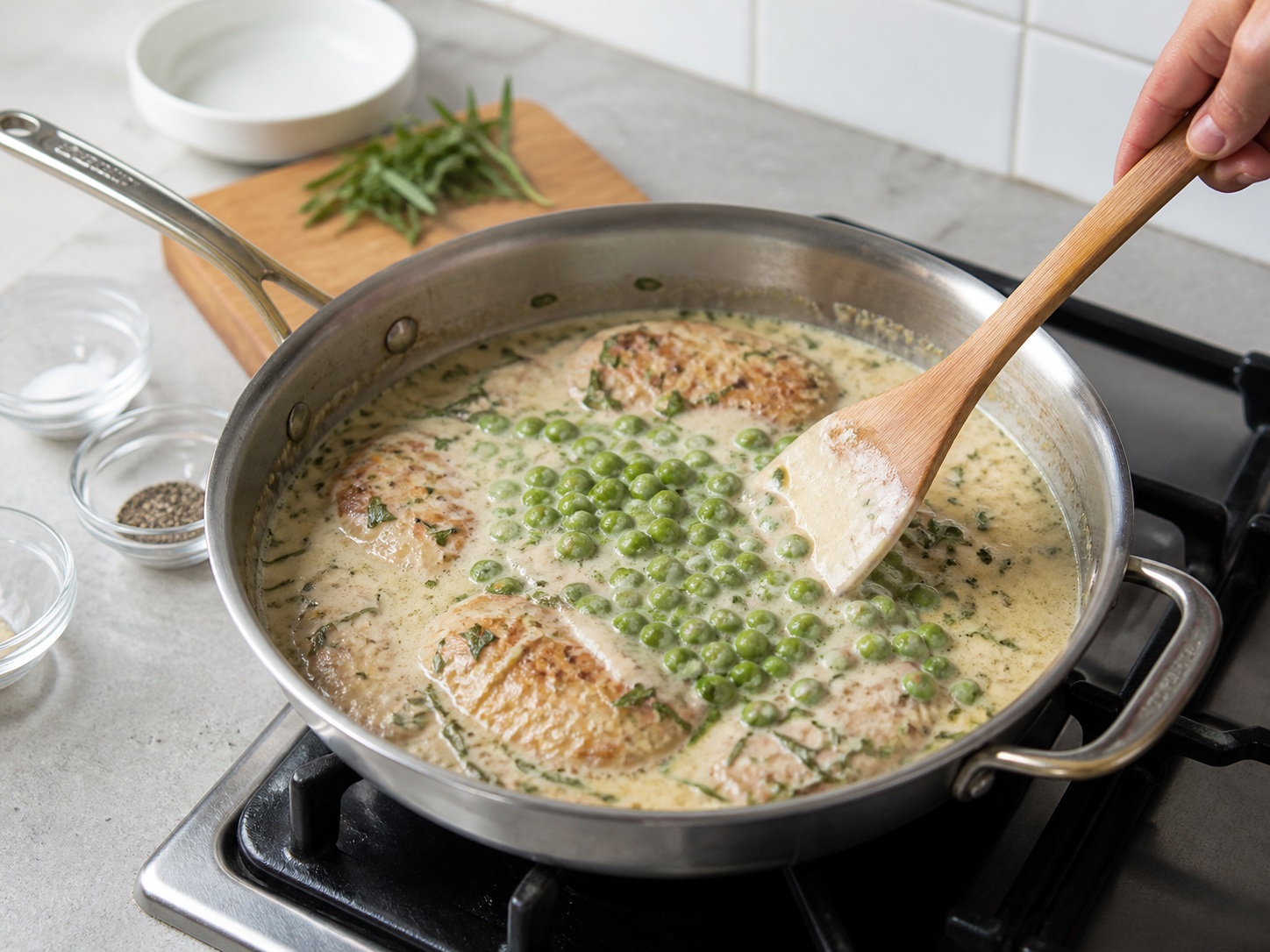 French Tarragon Chicken with Peas — Add cream and peas: Add the cream and peas, stir gently and cook over low heat for 3 minutes without boiling hard.
