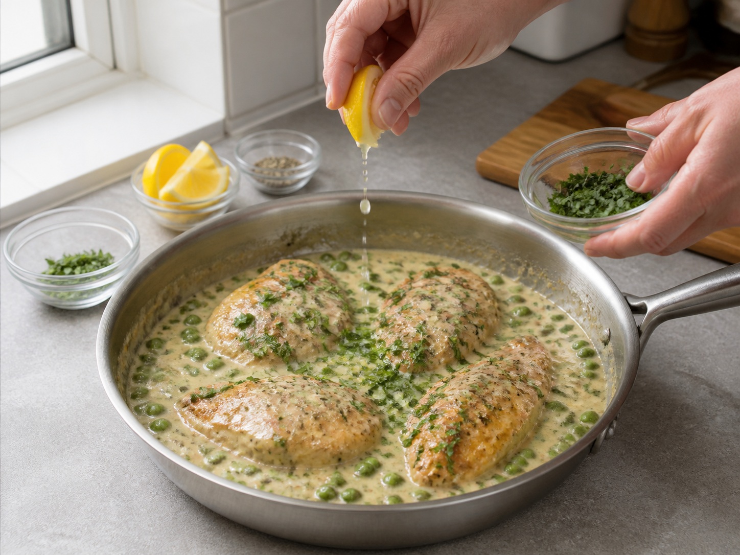 French Tarragon Chicken with Peas — Finish with lemon and tarragon: Turn off the heat, stir in the remaining tarragon and a little lemon juice, then serve.