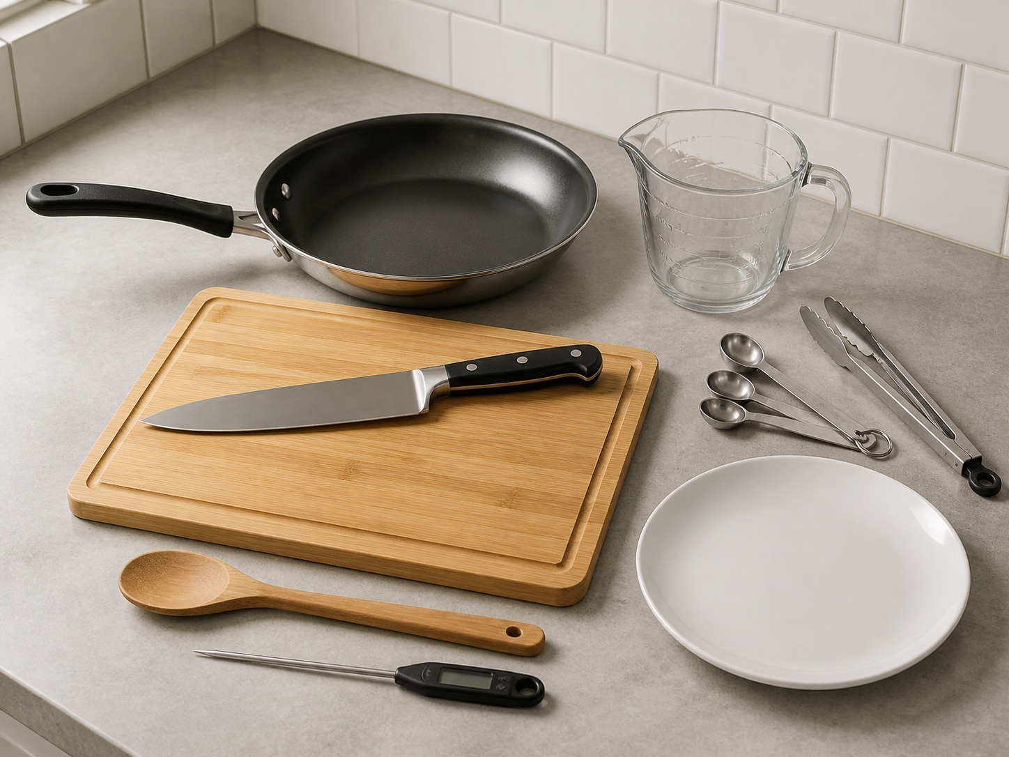 French Tarragon Chicken with Peas: knife, cutting board, measuring cup, measuring spoons, frying pan, tongs, wooden spoon, food thermometer, serving plate