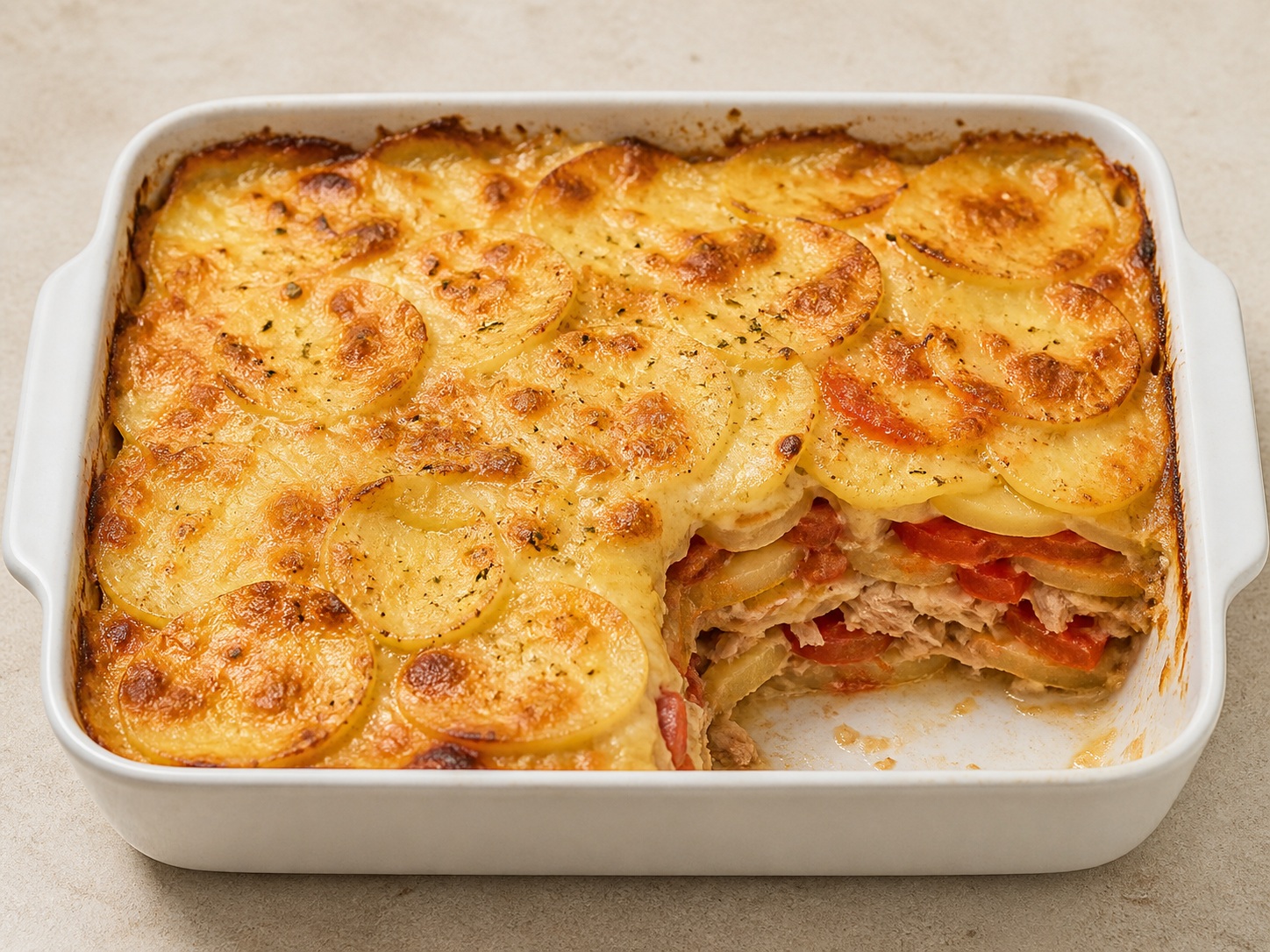 Gratin Tuna Kentang Tomat Prancis: Kentang, tuna, dan tomat dipanggang berlapis di bawah keju keemasan tipis.