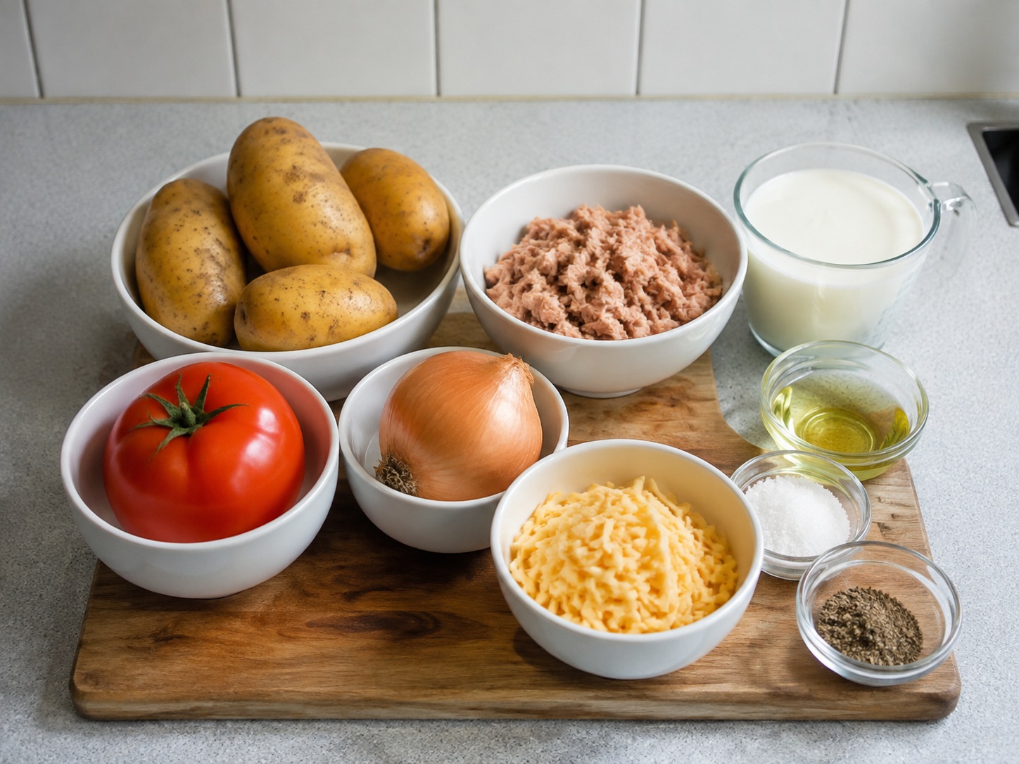 French Tuna, Potato at Tomato Gratin: 700 g katamtamang patatas, 300 g de-latang tuna, 400 g kamatis, 1 piraso sibuyas, 120 g kesong Cheddar, 150 ml cooking cream, 1 kutsara mantika, 1 kutsarita asin, 1 kutsarita Dinurog na itim na paminta