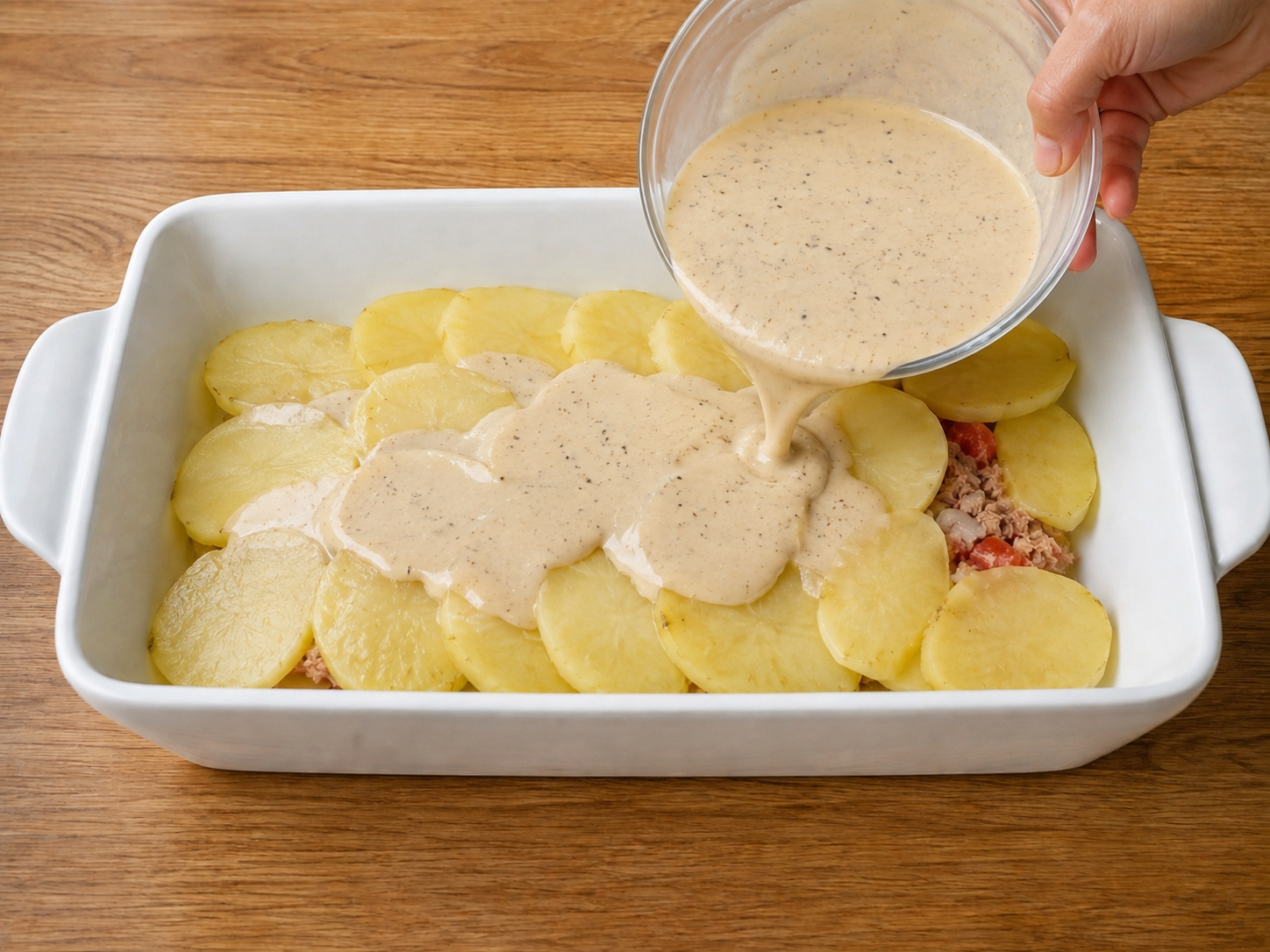 French Tuna, Potato at Tomato Gratin — Takpan ng natitirang patatas at ibuhos ang tinimplahang cream.