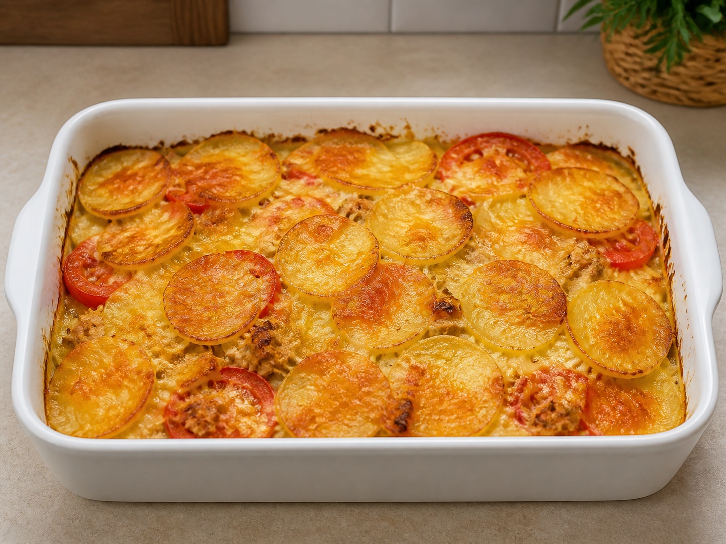 French Tuna, Potato at Tomato Gratin — Budburan ng cheese at i-bake nang 30 minuto hanggang golden.