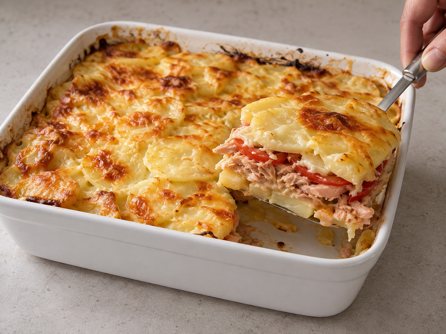 French Tuna, Potato at Tomato Gratin — Pahingahin nang 5 minuto bago hatiin at ihain.