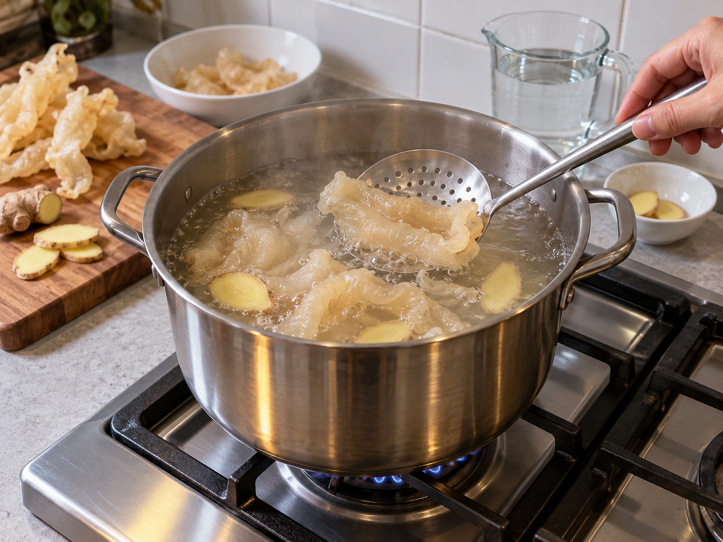 福建佛跳牆 — 花膠以薑水小火煮十分鐘去腥