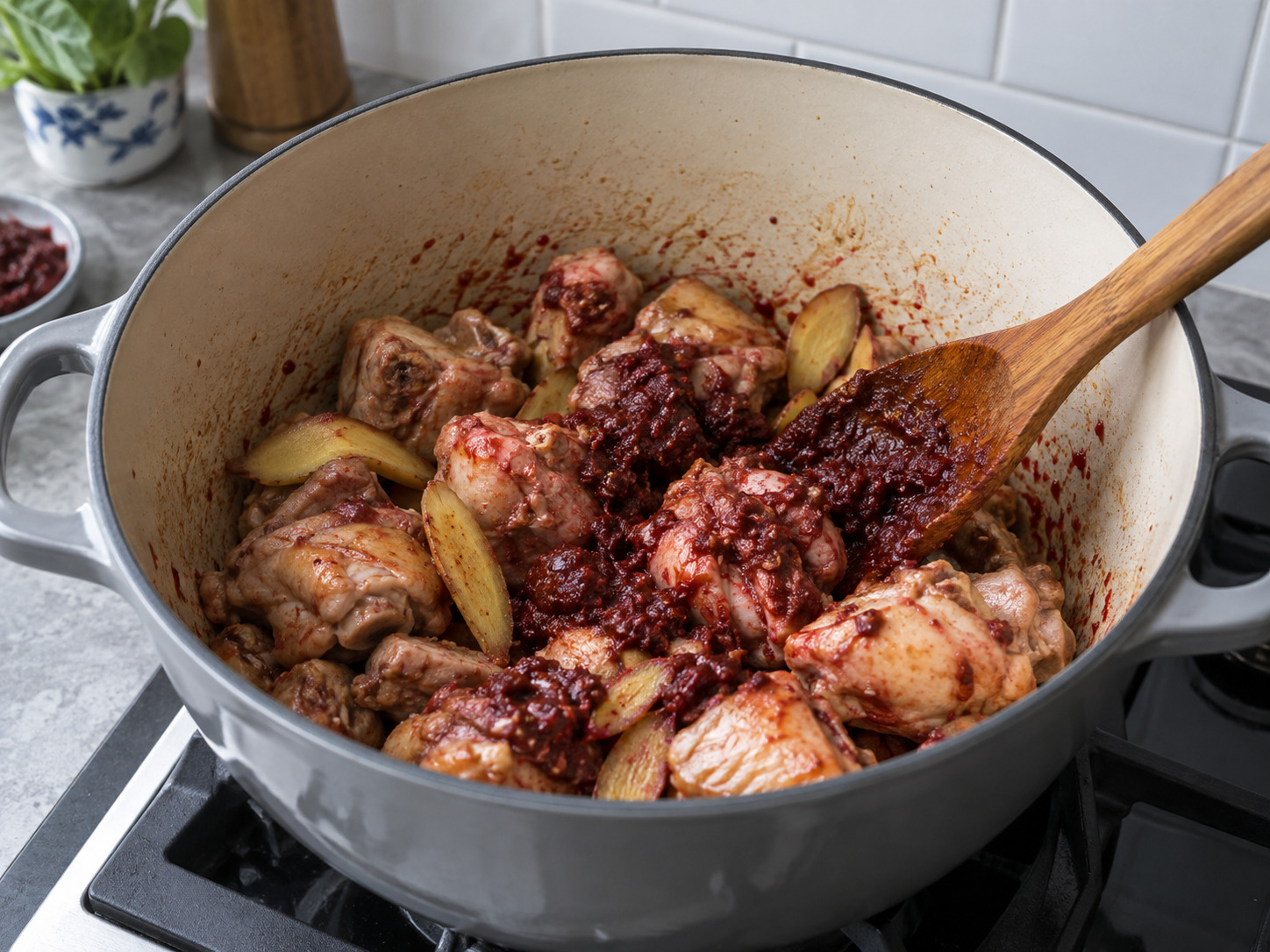 Fujian Red Rice Wine Lees Chicken Soup — Stir in red lees