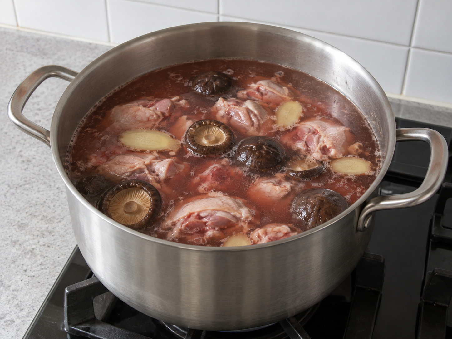 Fujian Red Rice Wine Lees Chicken Soup — Add water and mushrooms