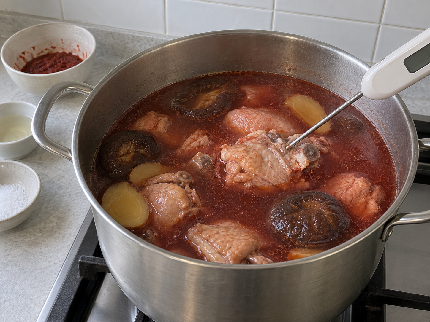 Fujian Red Rice Wine Lees Chicken Soup — Check doneness and season