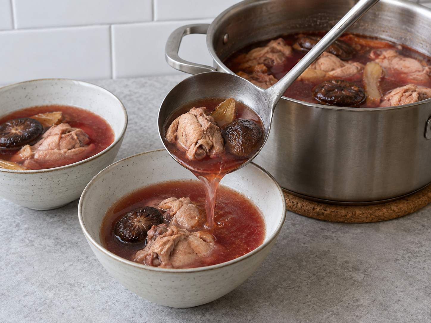 Fujian Red Rice Wine Lees Chicken Soup — Ladle soup