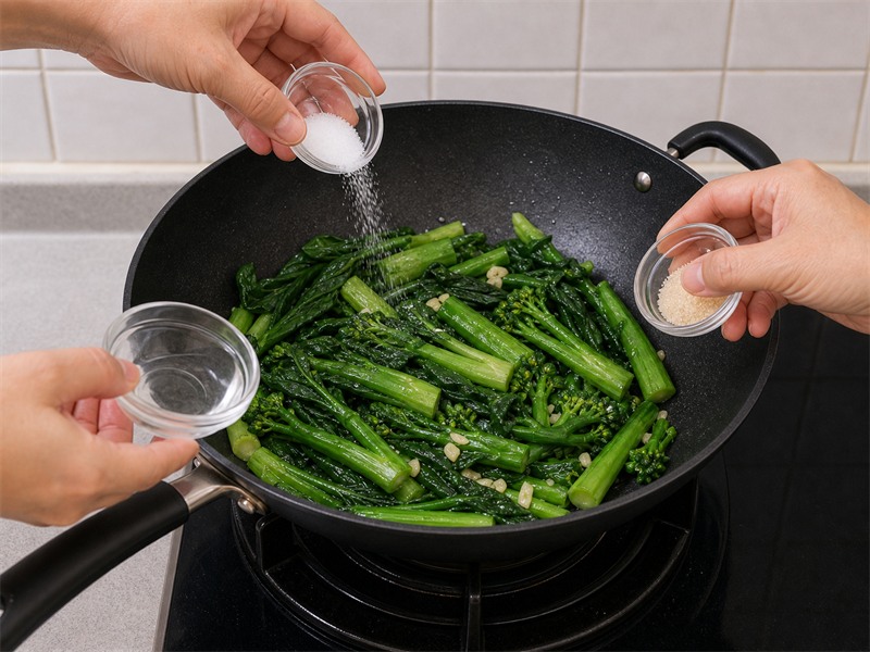 蒜蓉炒菜心:加入調味和水