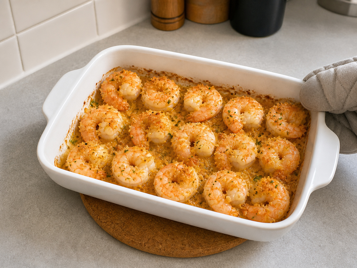 Udang Panggang Bawang Putih Lemon dengan Tepung Roti: Periksa kematangan