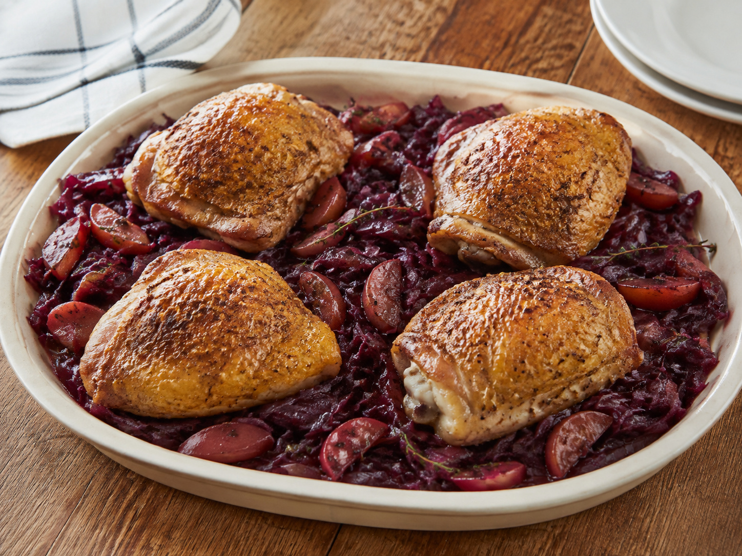German Chicken with Mustard-Braised Red Cabbage — finished dish